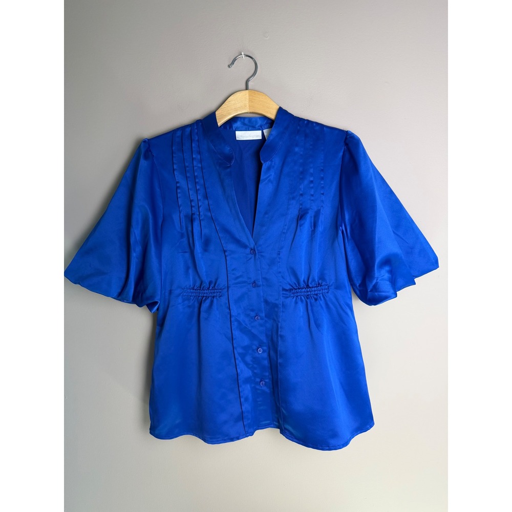 Worthington Royal Blue Satin Button Front Blouse Pleated Short Puff Sleeve 12